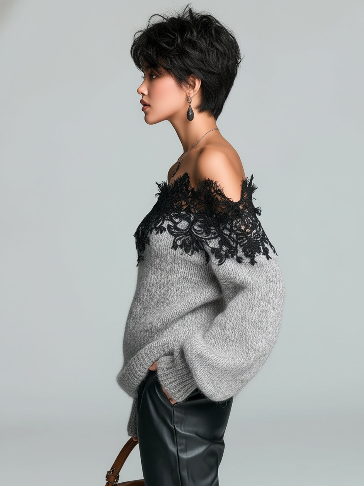 LOUISA | GREY LACE-TRIM SWEATER