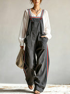 Women’s Oversized Utility Overalls – Contrast Strap Wide Leg Cargo Jumpsuit With Pockets