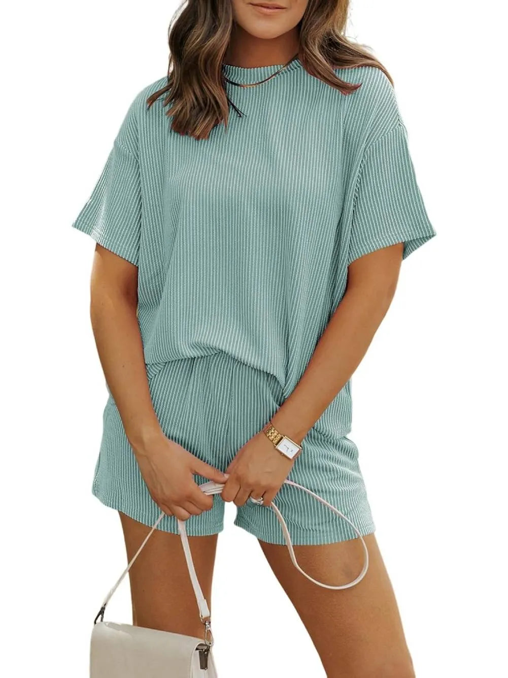 Irina - Ribbed Textured Shorts Set with Round Neck
