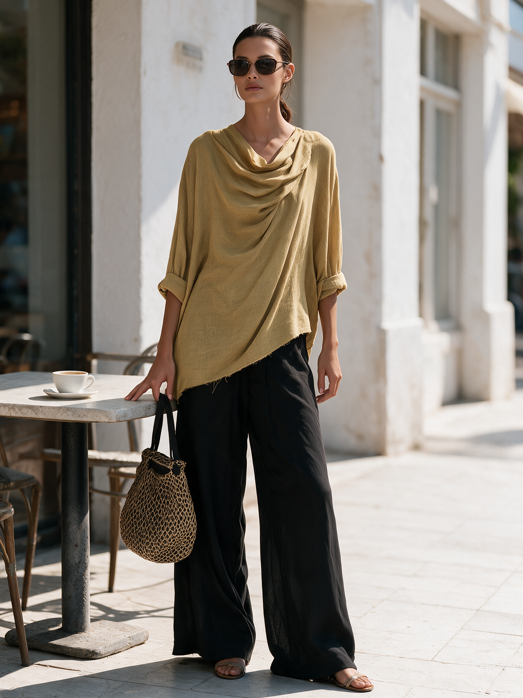 Cowl Neck Asymmetrical Top & Wide‑Leg Pants Two‑Piece Linen Set
