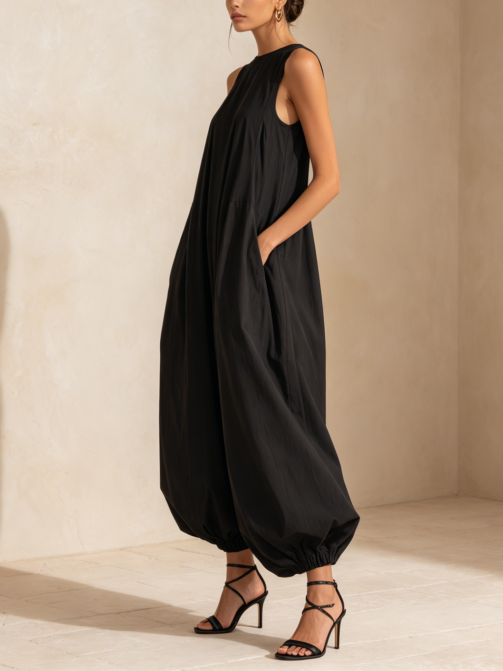 Black Sleeveless Balloon-Leg Jumpsuit With Pockets