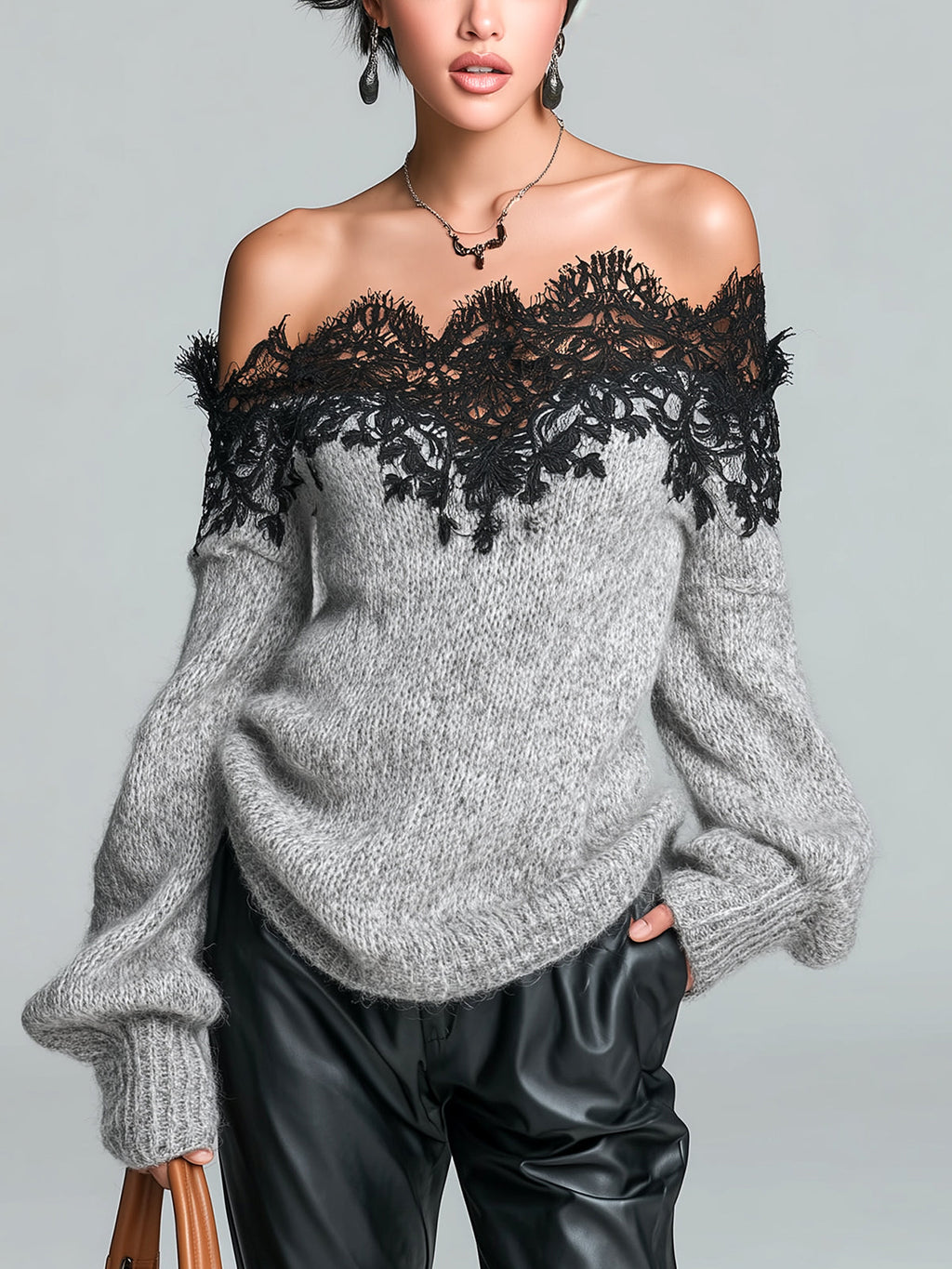 LOUISA | GREY LACE-TRIM SWEATER