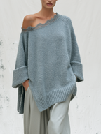 Lace Trim Off‑Shoulder Oversized Knit Sweater