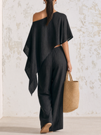 Black Washed Linen Two Piece Outfit, Off Shoulder Irregular Crop Top & Button Front Wide Leg Pants Vacation Matching Set