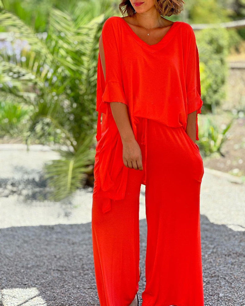 Ginevra - Casual Two-Piece V-Neck and Wide-Leg Pants Set