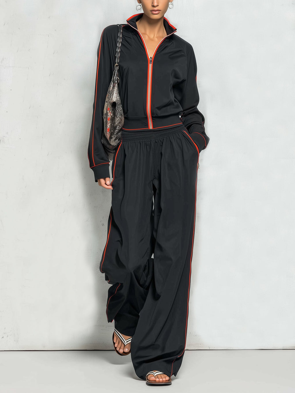 Women’s Black Contrast Trim Track Set – Zip Up Jacket & Wide Leg Jogger Pants Two Piece Outfit