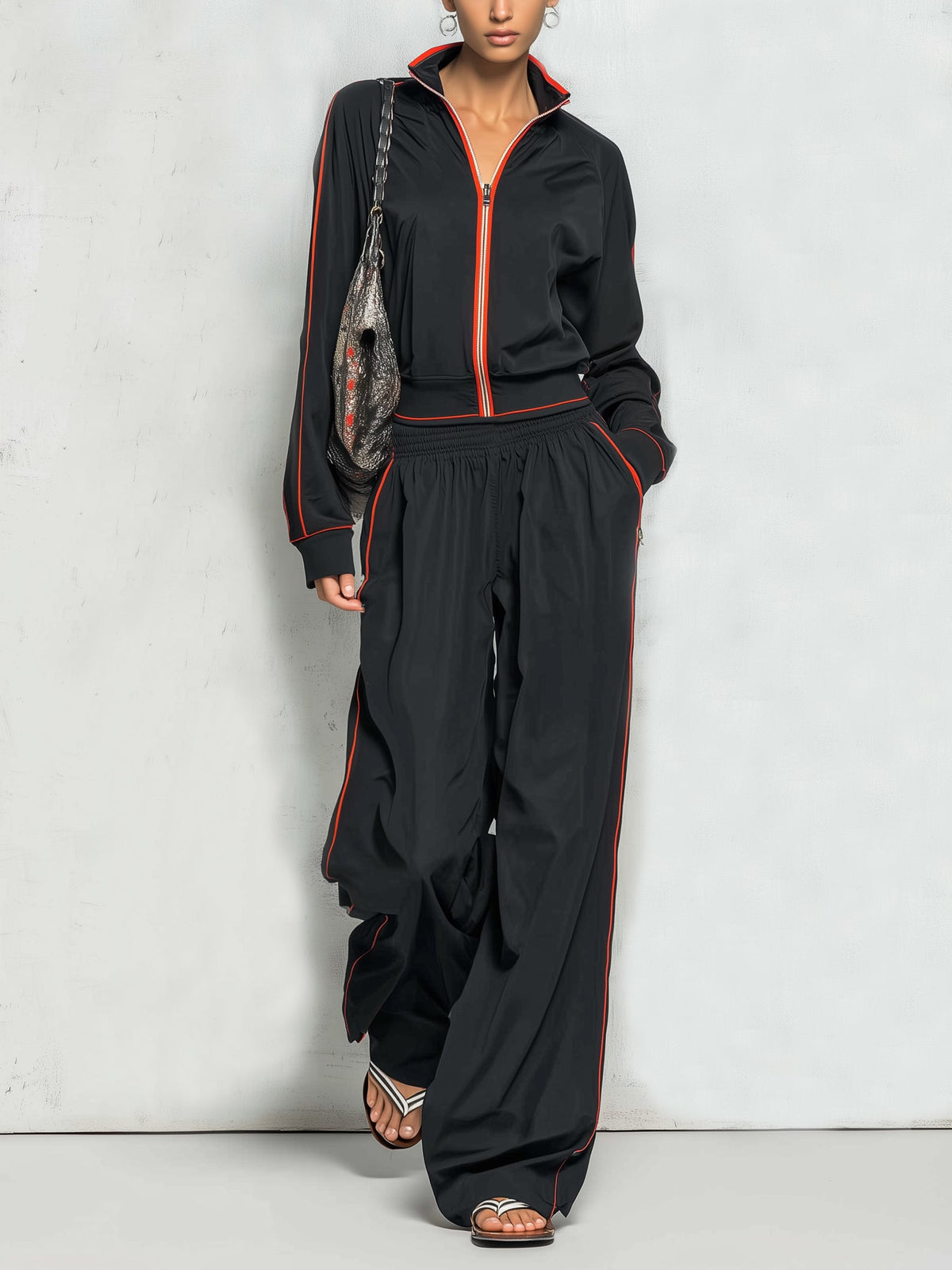 Women’s Black Contrast Trim Track Set – Zip Up Jacket & Wide Leg Jogger Pants Two Piece Outfit