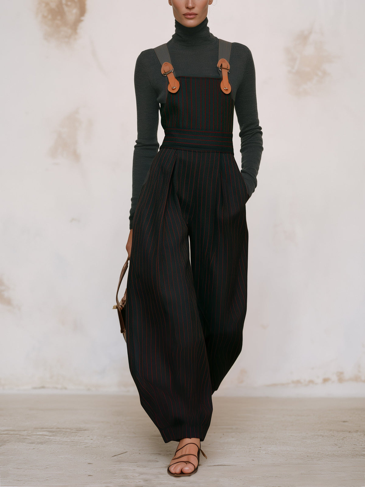 Pinstripe Wide-Leg Bib Overalls With Adjustable Straps
