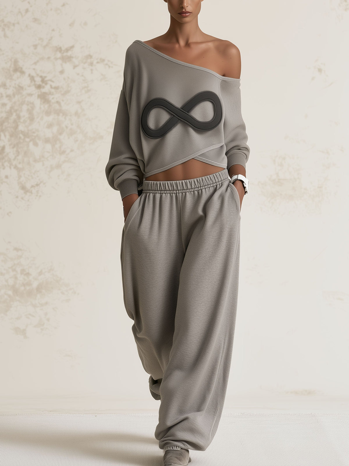 Infinity Patch Off‑Shoulder Cropped Sweatshirt & Baggy Sweatpants 2‑Piece Set