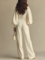 Oliveth - Elegant Women's Set with Textured Top and Flowy Wide-Leg Pants