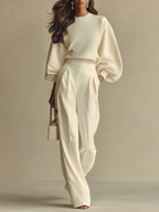 Oliveth - Elegant Women's Set with Textured Top and Flowy Wide-Leg Pants