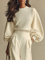 Oliveth - Elegant Women's Set with Textured Top and Flowy Wide-Leg Pants