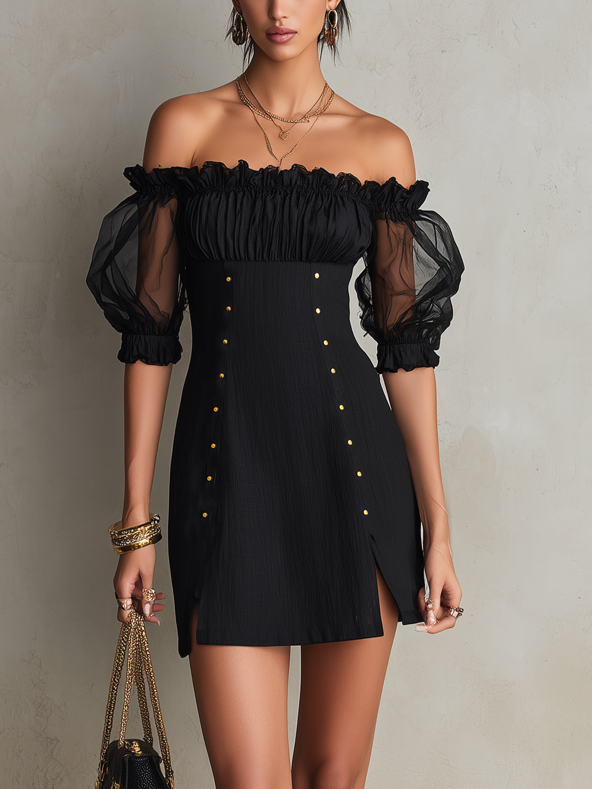 IMOGEN | STUDDED PUFF-SLEEVE MINI DRESS