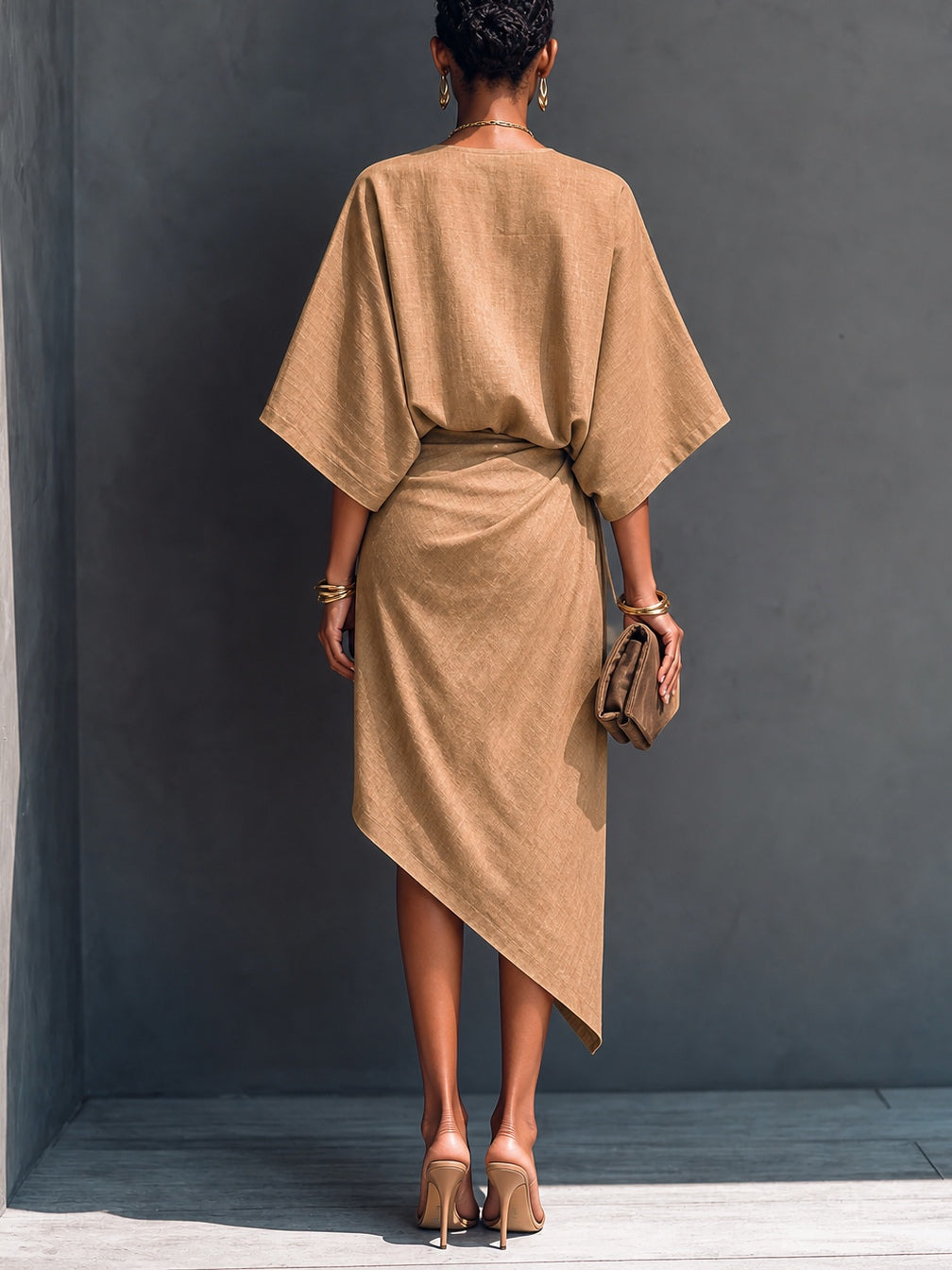 DELPHINE | DRAPED KHAKI MIDI DRESS