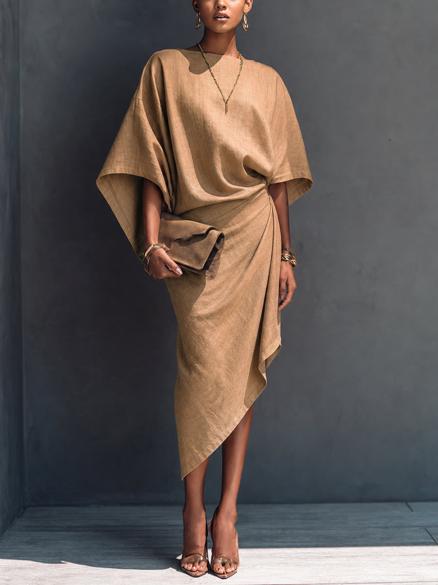DELPHINE | DRAPED KHAKI MIDI DRESS