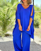 Ginevra - Casual Two-Piece V-Neck and Wide-Leg Pants Set