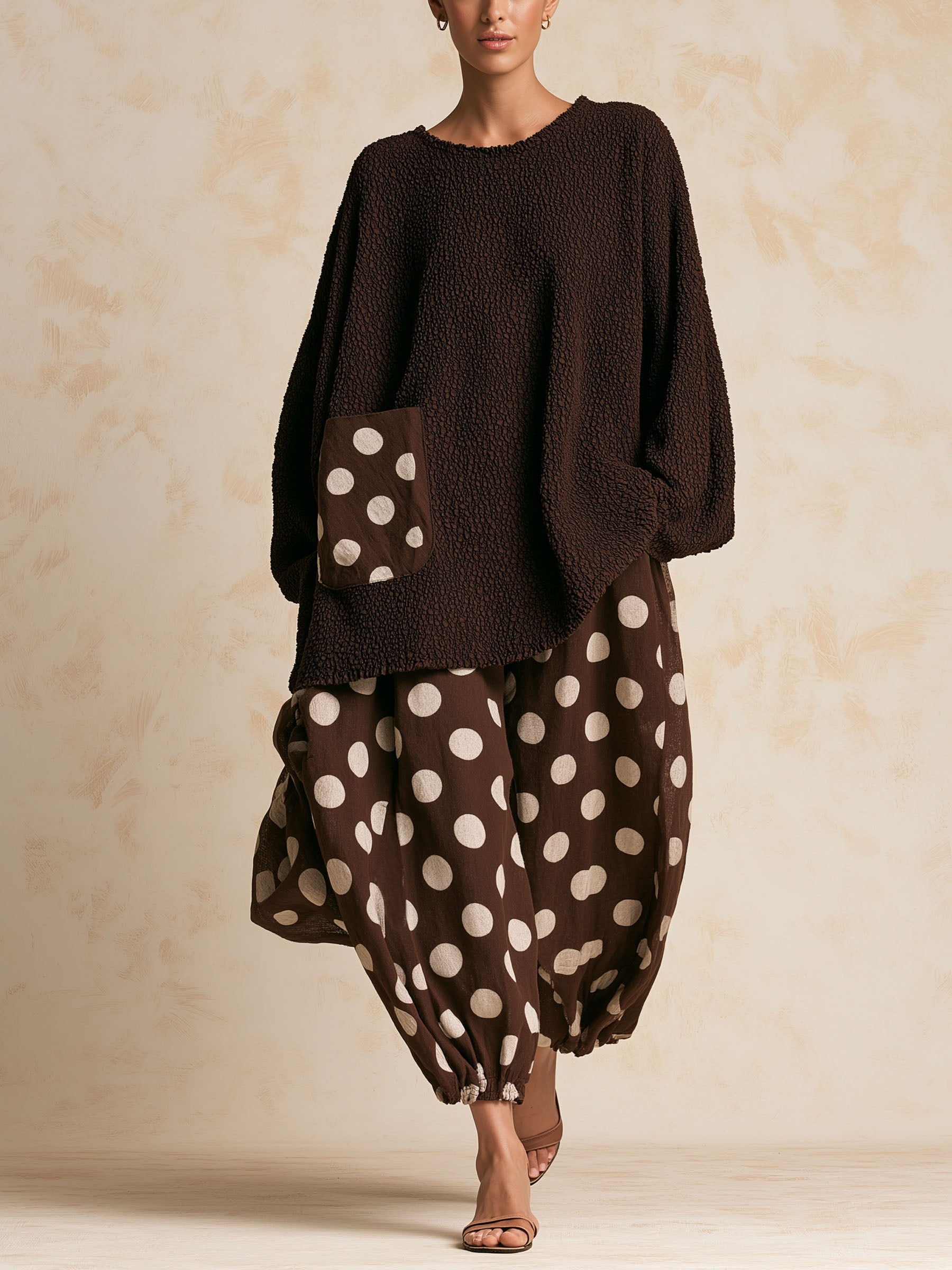 Brown Polka Dot Linen Loose 2 Piece Set | Textured Oversized Top & Harem Pants