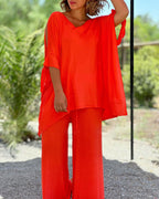 Ginevra - Casual Two-Piece V-Neck and Wide-Leg Pants Set