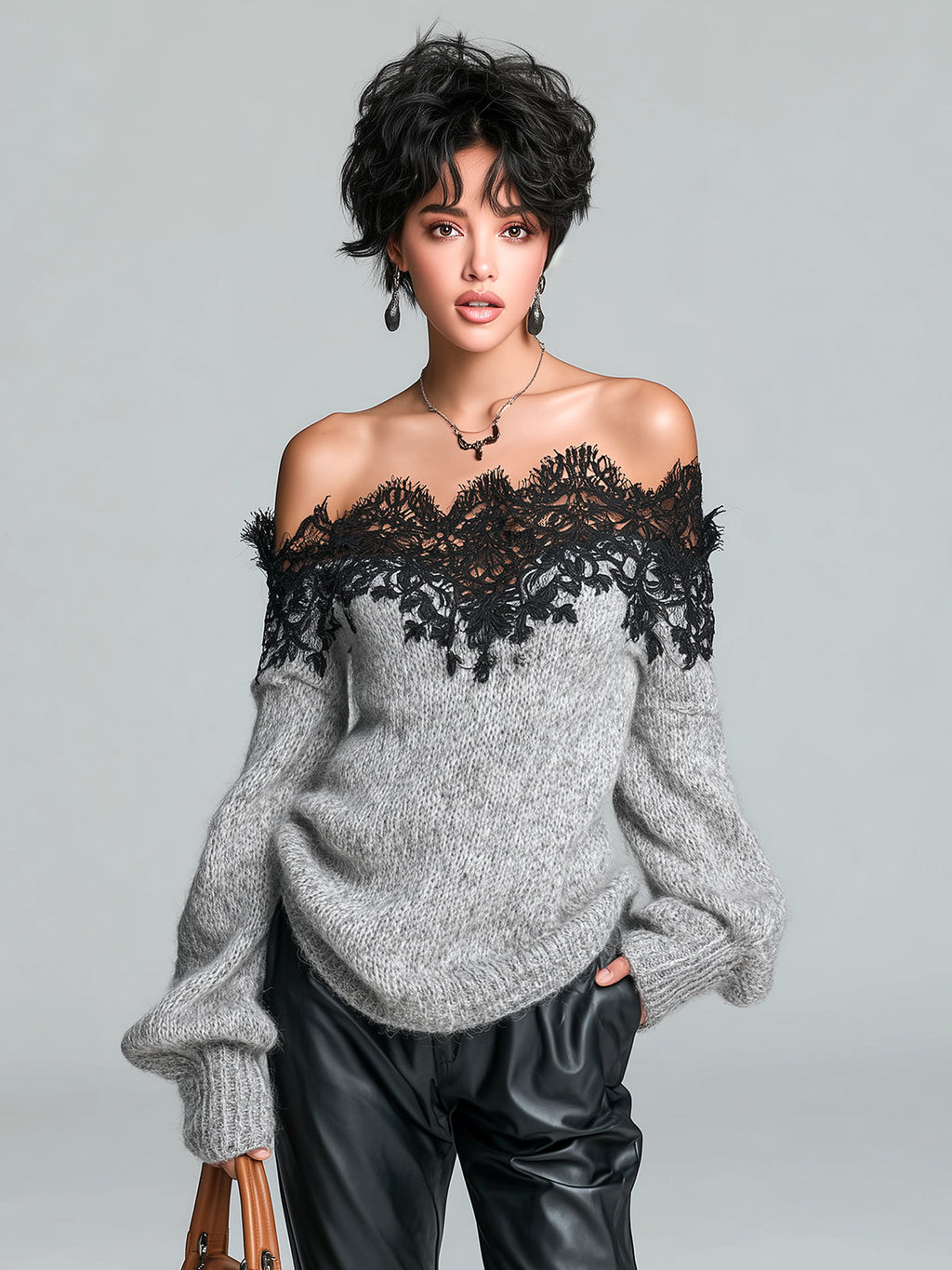 LOUISA | GREY LACE-TRIM SWEATER