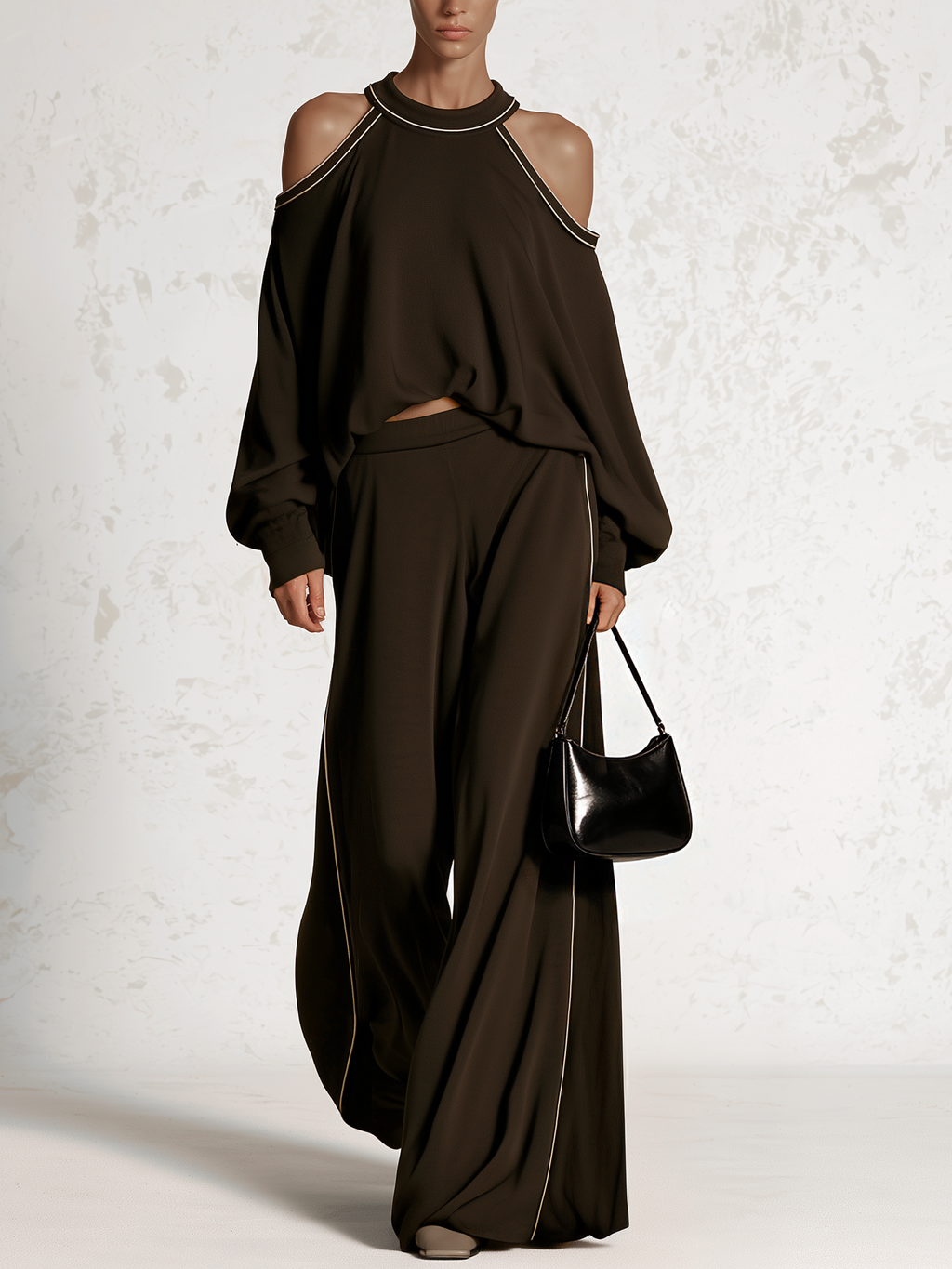 Contrast Piping Cold‑Shoulder Top & Wide‑Leg Pants Two‑Piece Set