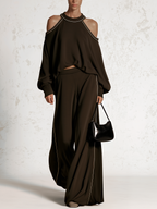 Contrast Piping Cold‑Shoulder Top & Wide‑Leg Pants Two‑Piece Set