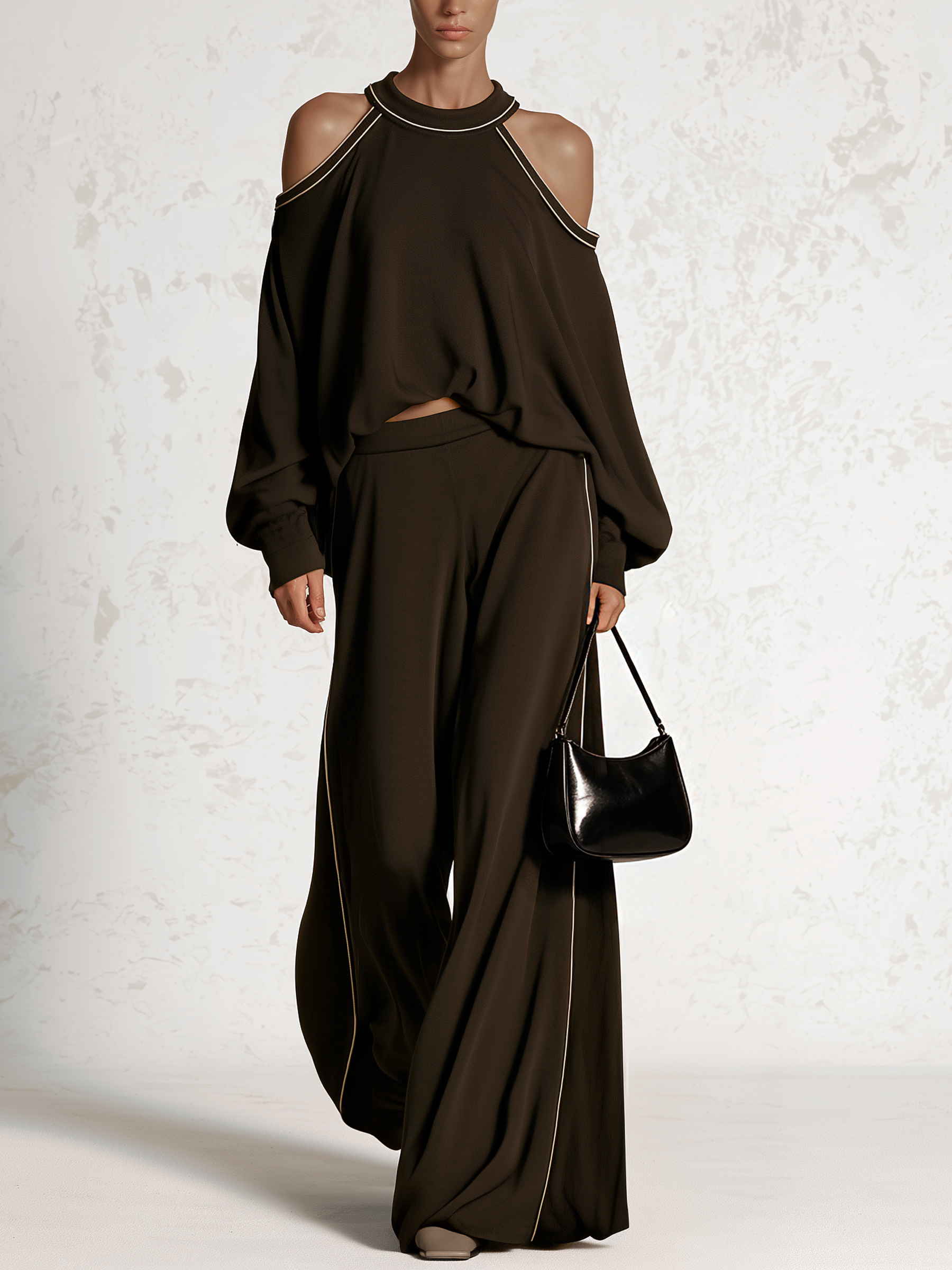 Contrast Piping Cold‑Shoulder Top & Wide‑Leg Pants Two‑Piece Set