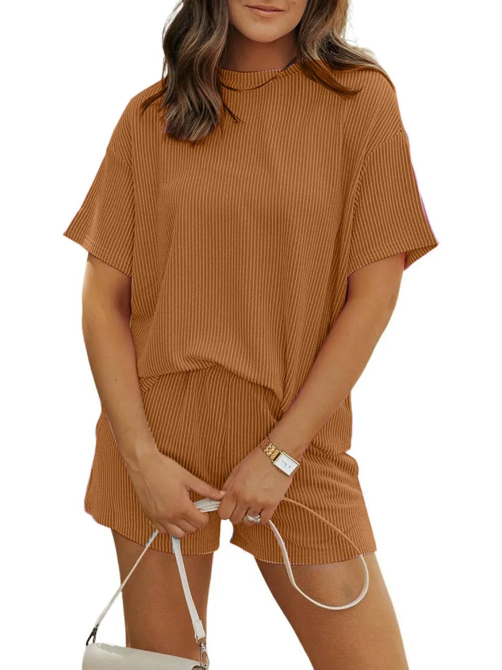 Irina - Ribbed Textured Shorts Set with Round Neck