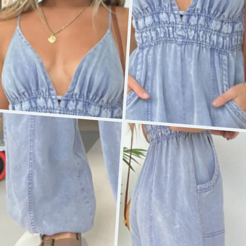 Anja - Women's V-Neck Denim Overalls
