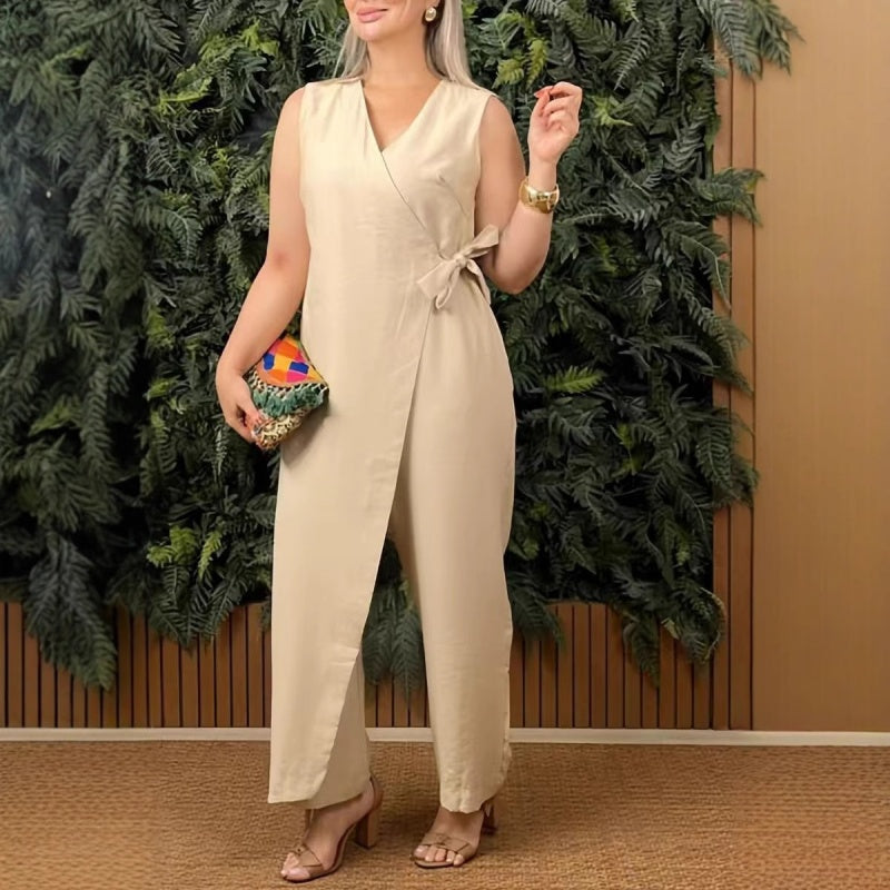 Mirabelle - Women's Casual V-Neck Solid Jumpsuit with Tie Belt