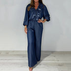 Sorina - Casual Long Sleeve Top and Wide Leg Pants Set