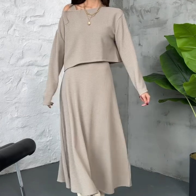 Kalissavine - Women's Two-Piece Knitted Set – Elegant Midi Dress &amp; Crop Top