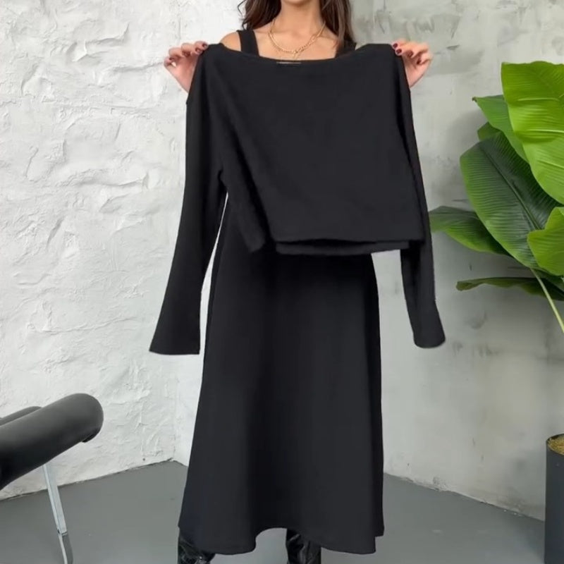 Kalissavine - Women's Two-Piece Knitted Set – Elegant Midi Dress &amp; Crop Top